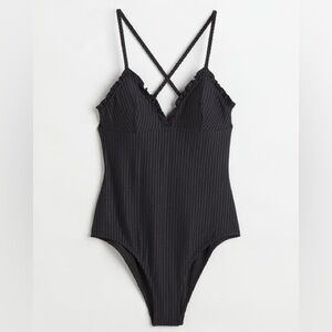 H&M Black swimsuit with ruffle trim